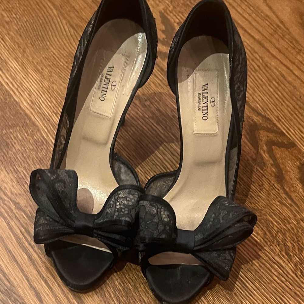Valentino Elegant Black Lace Heels with Bow